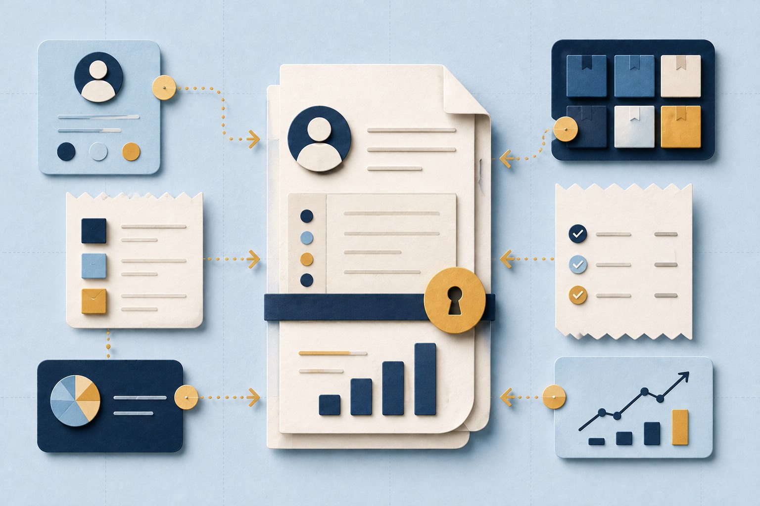 Customer, inventory, order, and reporting records joining into one paper ledger