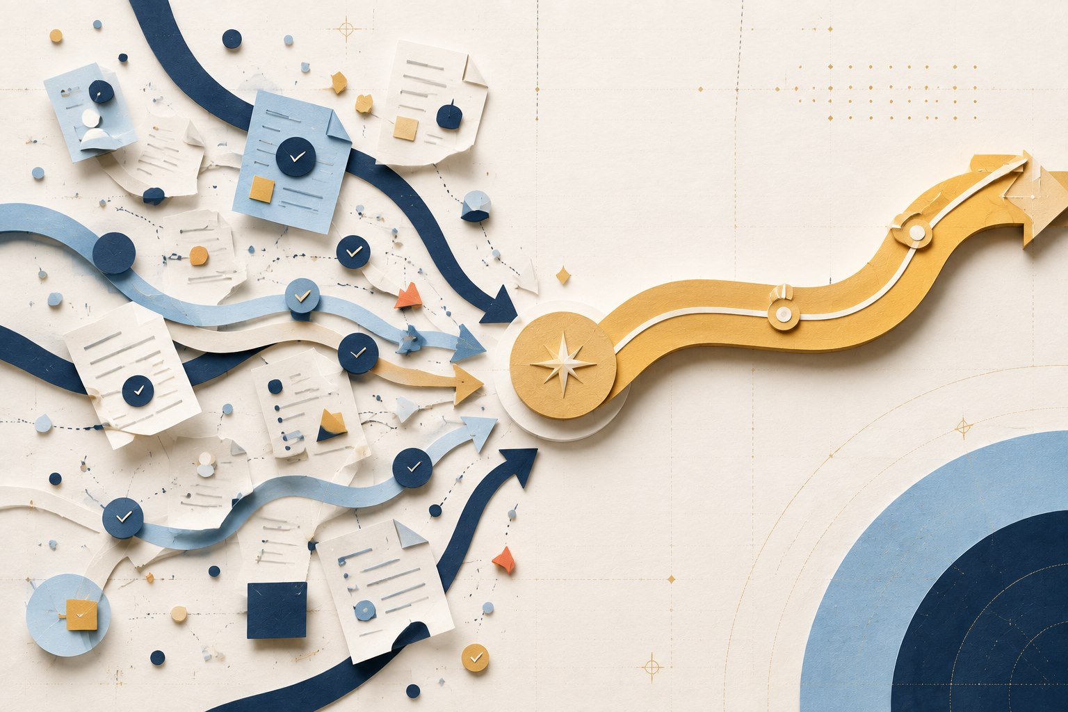 Scattered paper records converging into one clear gold operating route
