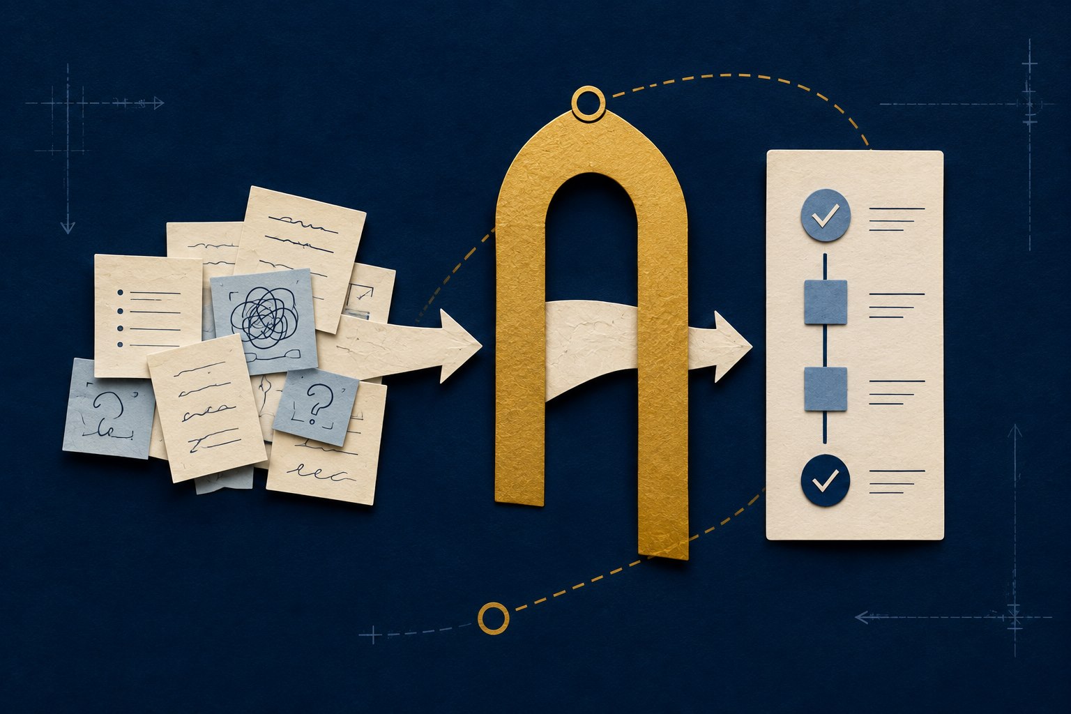 Loose paper notes passing through a gold routing gate and emerging as a clear workflow