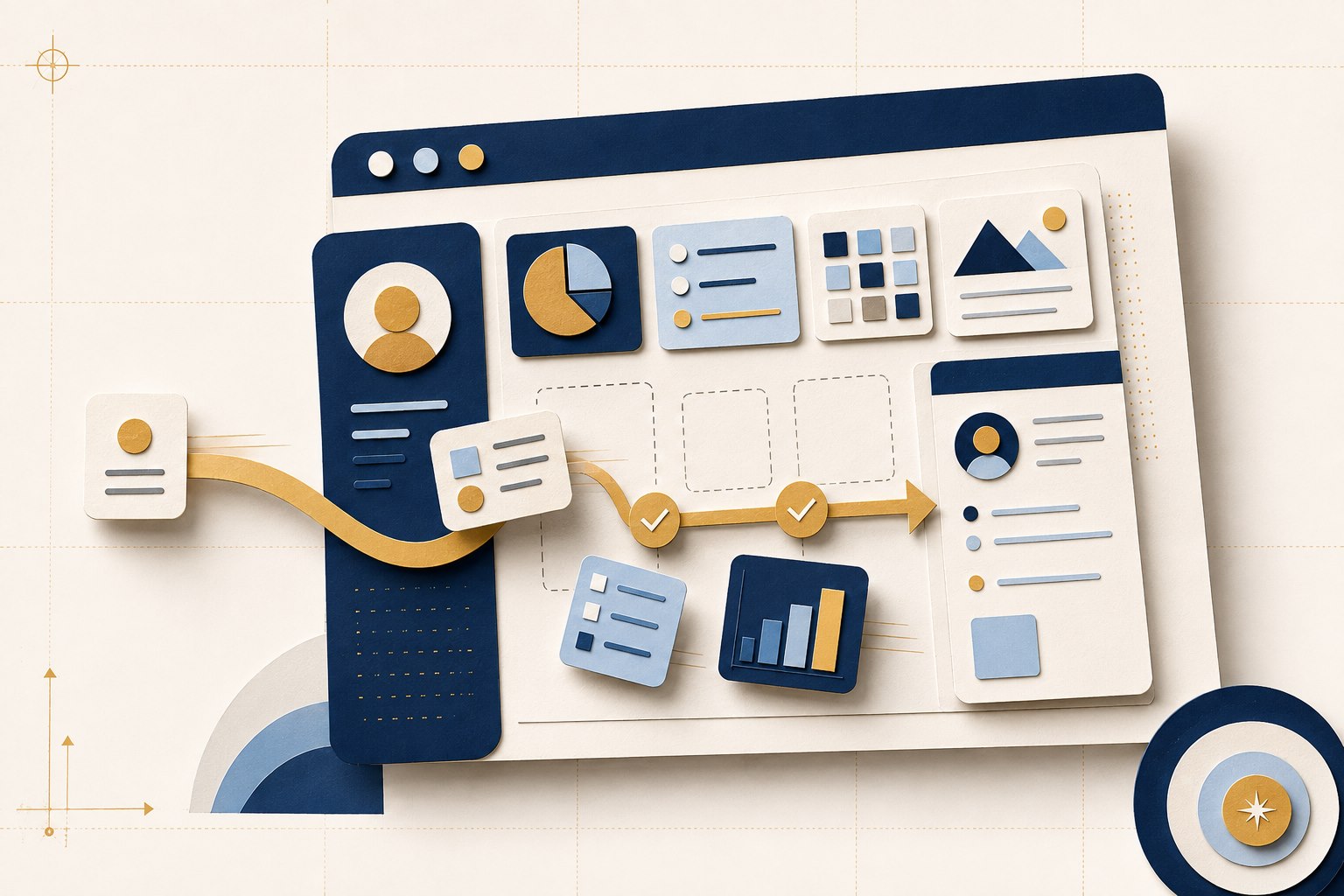 A paper-cut website moving a real request through an organized gold route